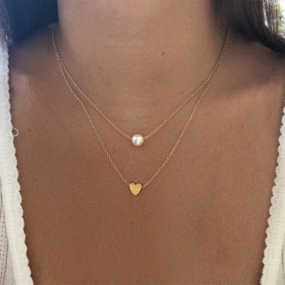 Heart and Pearl Double Layered Necklace - Picture 6 of 6